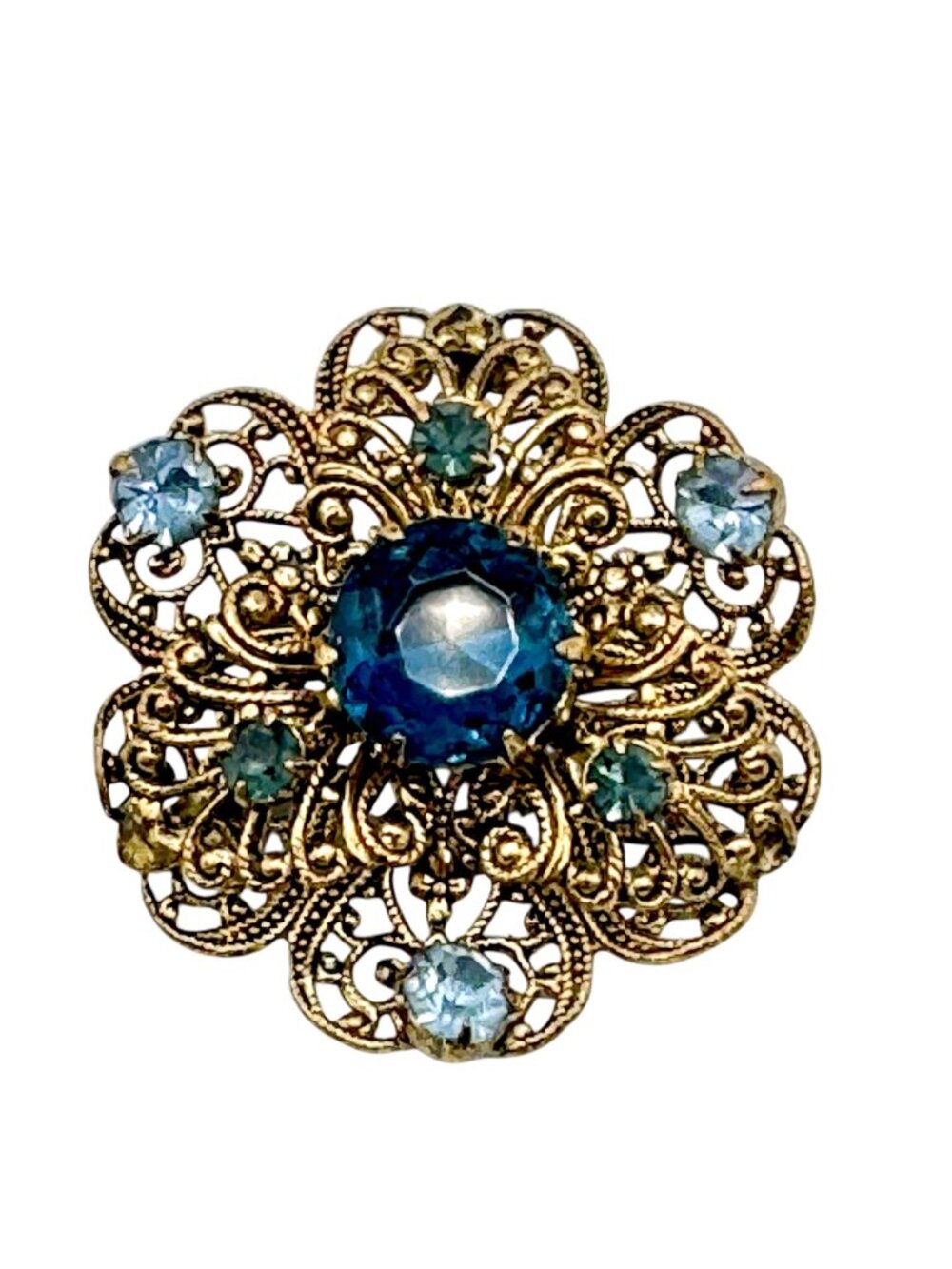 Vintage Filigree Floral Brooch w/ Prong Set Blue Glass Gold Tone Stacked 1.5"